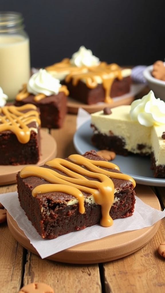 Decadent cookie butter brownies and no-bake cheesecake on a wooden table.